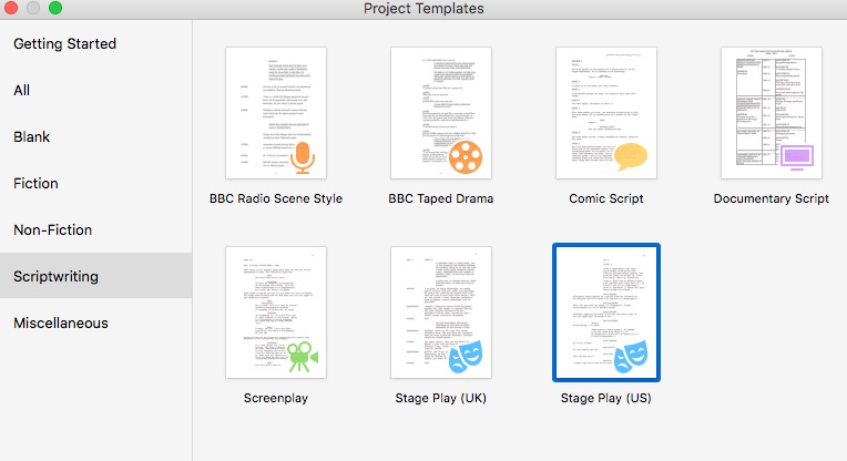 play writing templates of Scrivener